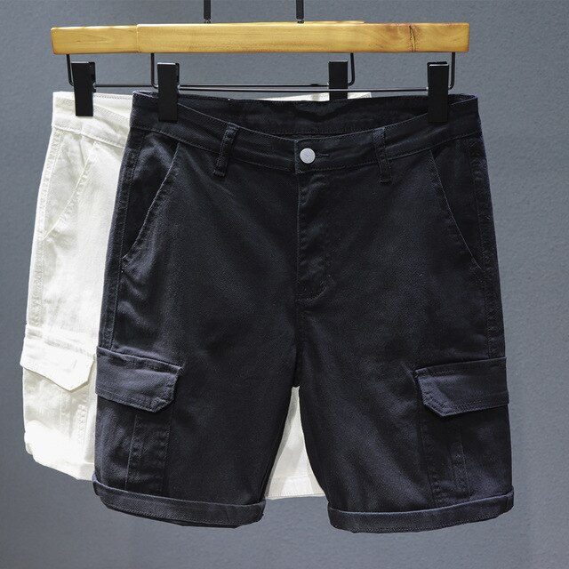 Short en jean multi-poches pour homme, salopette, vêtement de travail, blanc, décontracté, droit, ample, taille 38: Black / 28