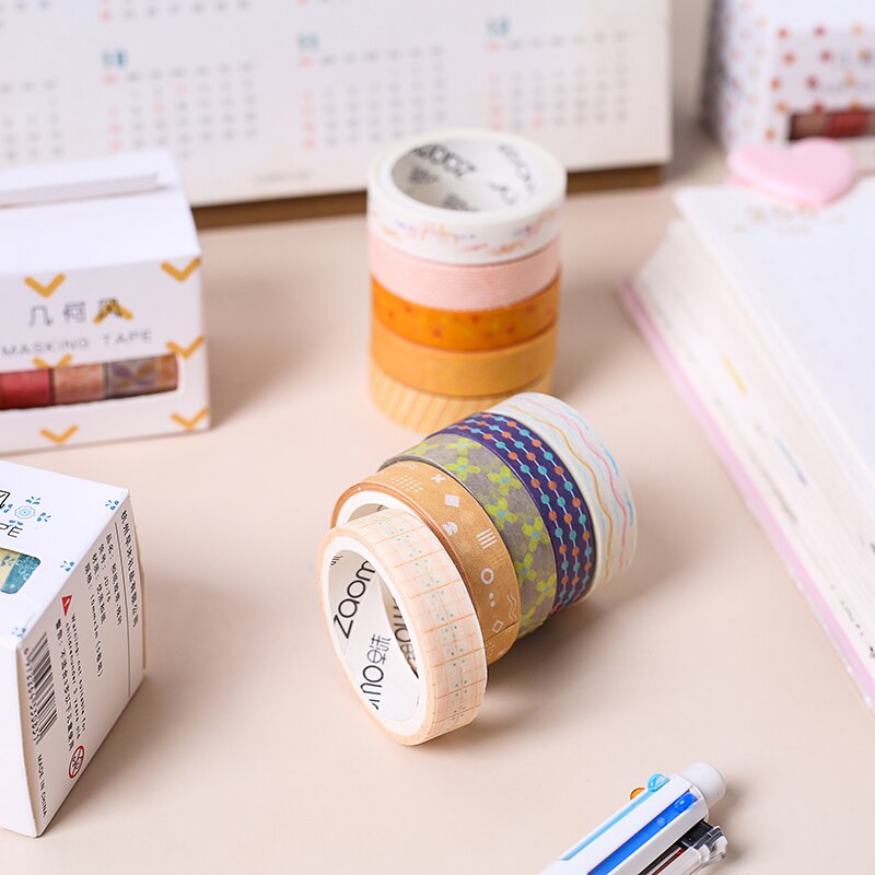 Valiosopa 5Pcs Basic Kleur Papier Washi Tape Set 10Mm Kant Streep Grid Zwart Grijs Lijm Afplakband Decoratie stickers A6634