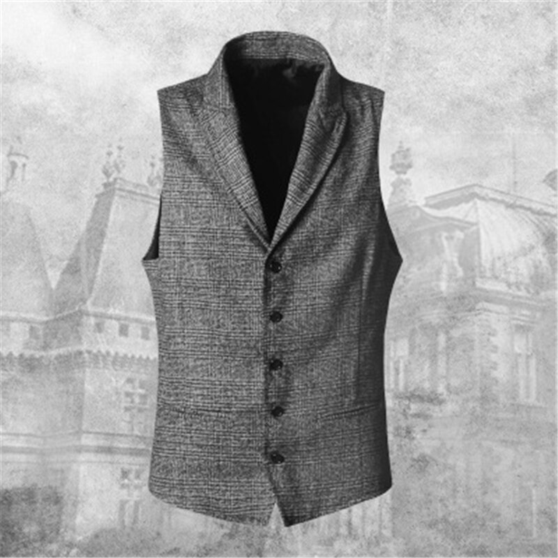 British Style Mens Tweed Waistcoat Gray Check Gentleman Vest Men's Slim Fit Vests Dress Wear