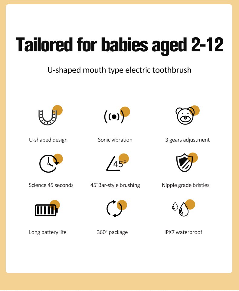 Electric Toothbrush for Kids Children Automatic Sonic U Shaped Brush Head Smart 360 Degrees Escova De Dentes Elétrica Infantil