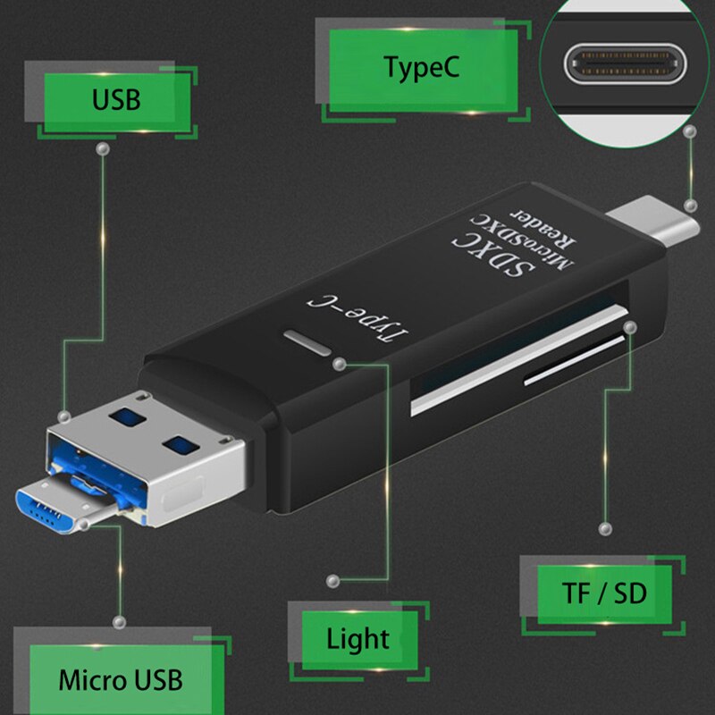 Kuman 2.0 Otg Kaartlezer Usb Microusb Type C Interface Met Micro Sd Tf Sd Card Slot Flash Memory Kaartlezer voor Telefoon Y210