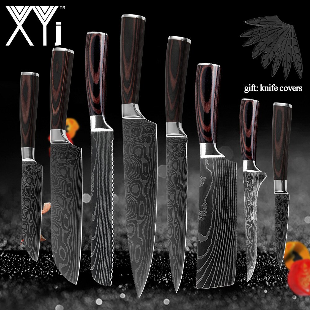 Japanse Keuken Mes Set Mes Covers Uitbenen Brood Eviscerate Gesneden Fruit Scherpe Nut Santoku Damascus Patroon Koken