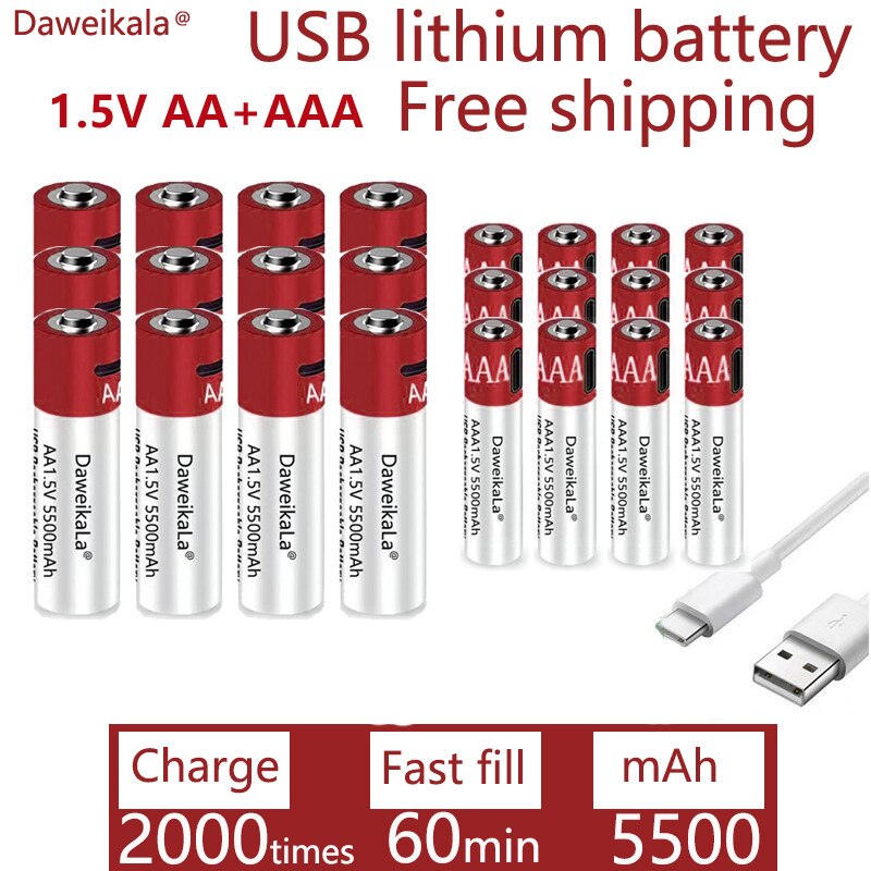 Aa + Aaa Grote Capaciteit 5500Mah Oplaadbare Lithium Ion Batterij Aa 1.5V Usb Snel Opladen Lithium ion Batterij