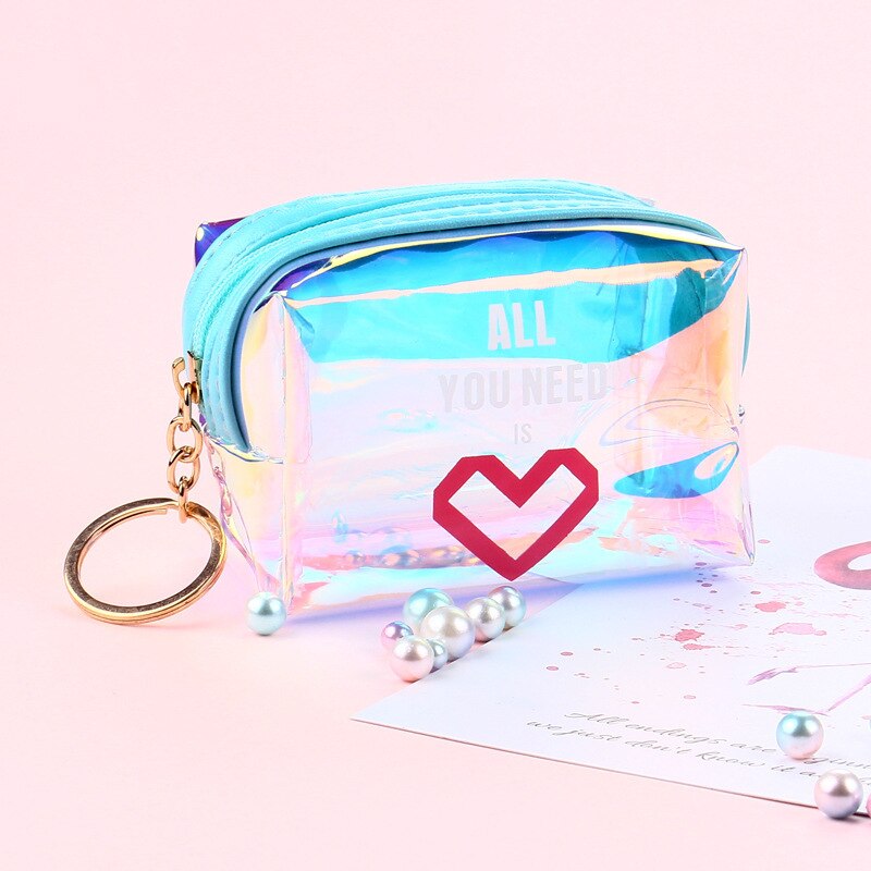 FUDEAM, monedero transparente de PVC con cremallera para mujer, Mini llavero adorable para niñas, cuadrada, monedero, bolsa para auriculares con Cable USB: Love Blue