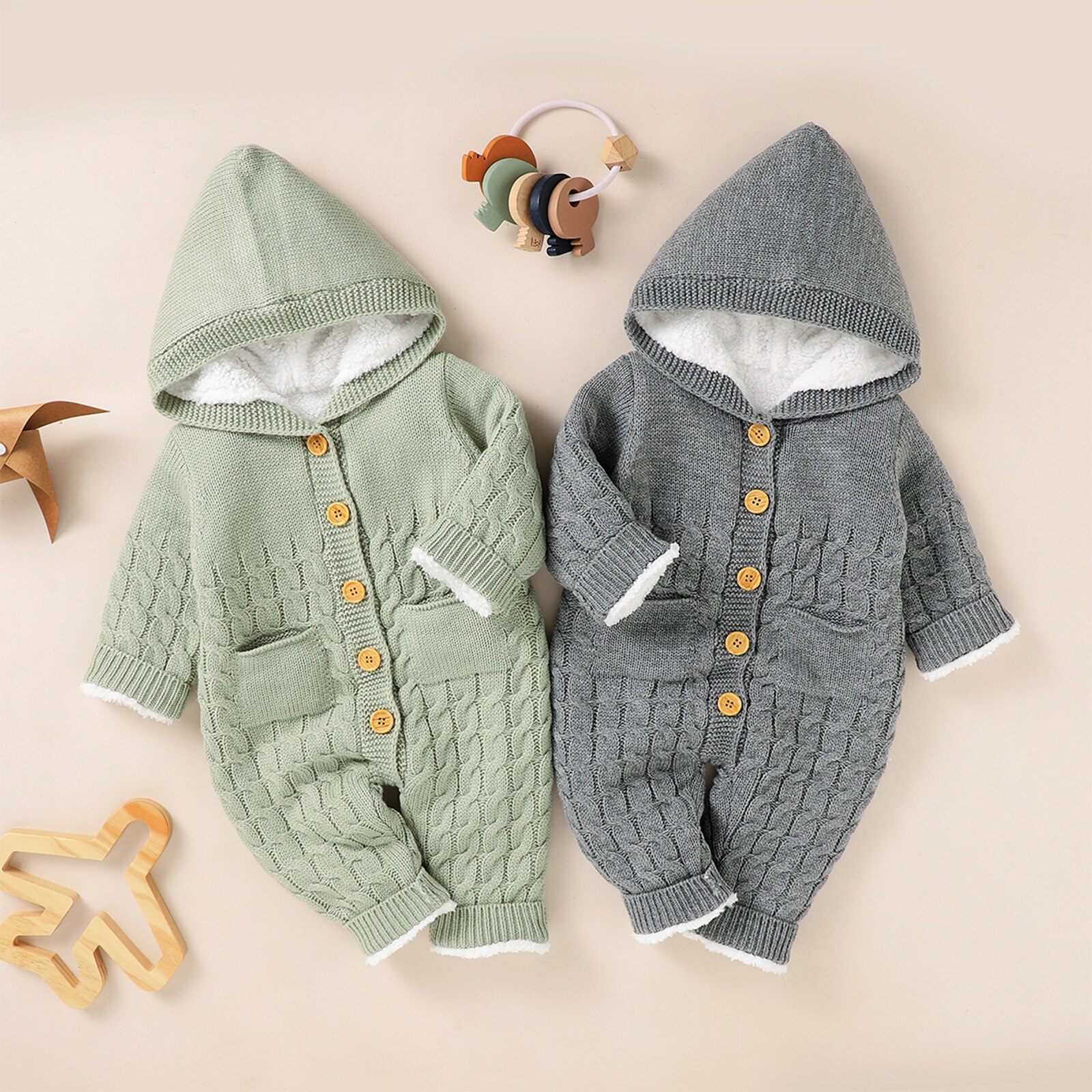 Baby Baby Meisjes Jongens Winter Warm Hooded Jumpsuit Effen Kleur Lange Mouwen Button Down Cable Knit Effen Romper