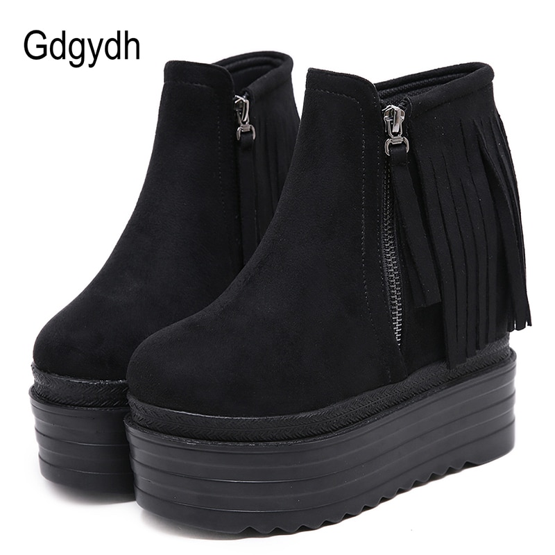 Gdgydh franje kwastje sleehak laarzen dames plateau schoenen voor herfst winter ronde neus enkellaarsjes dames zijrits zwart flock
