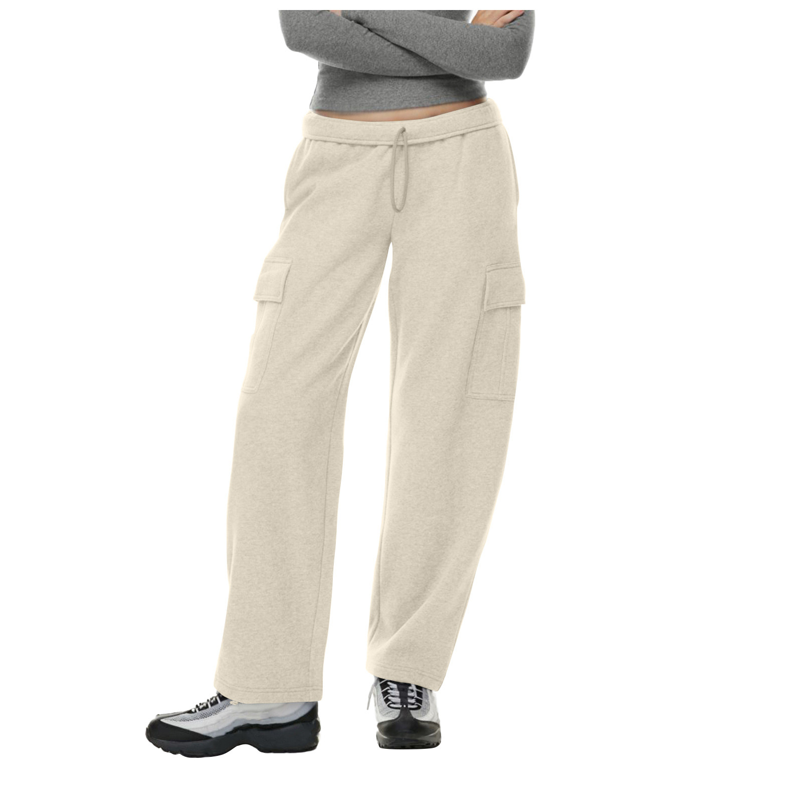 Dame joggingbukser med lige ben, løse, baggy bukser, højtaljede joggingbukser med lommer: Xl / Beige