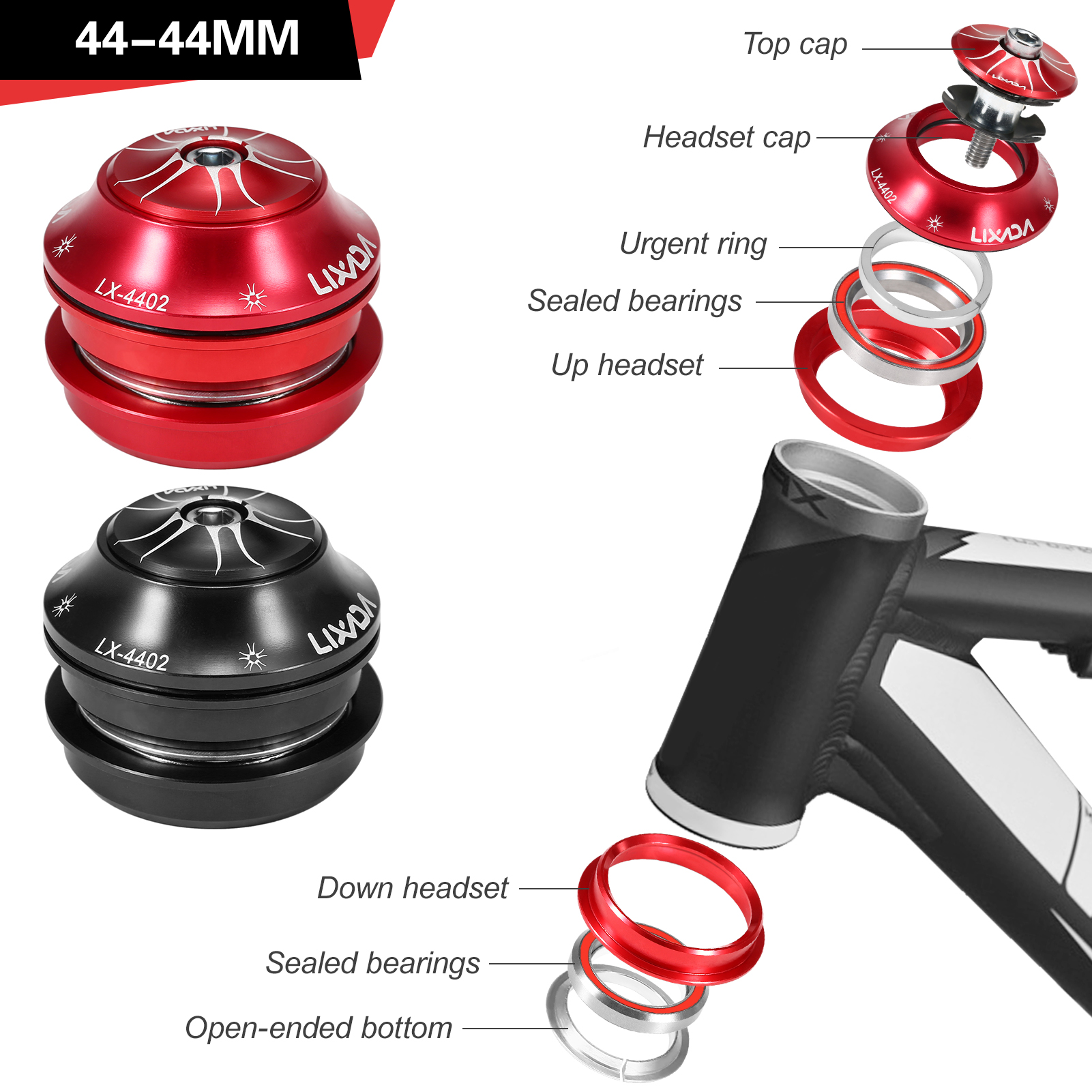 44-44mm Bike Headset CNC High Precision Machining Aluminum Bicycle Headset Heavy Duty Headset Top Cap Bearings Fork Bearings