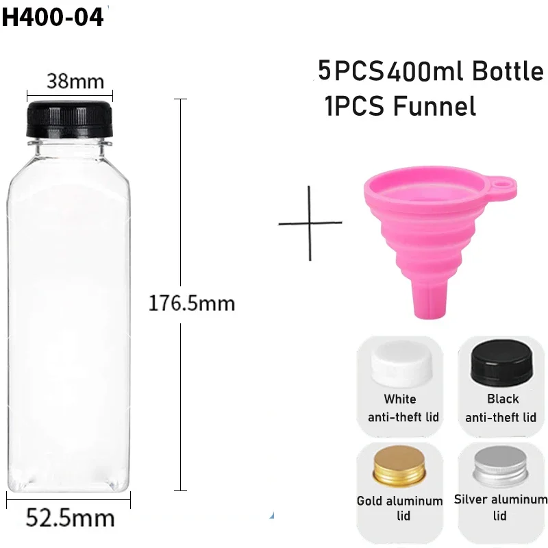 5 uds 60-500ML botellas de plástico transparentes vacías con tapas con embudo plegable contenedores de botellas de agua reutilizables para batidos de jugo DIY: Marfíl / 6 ml