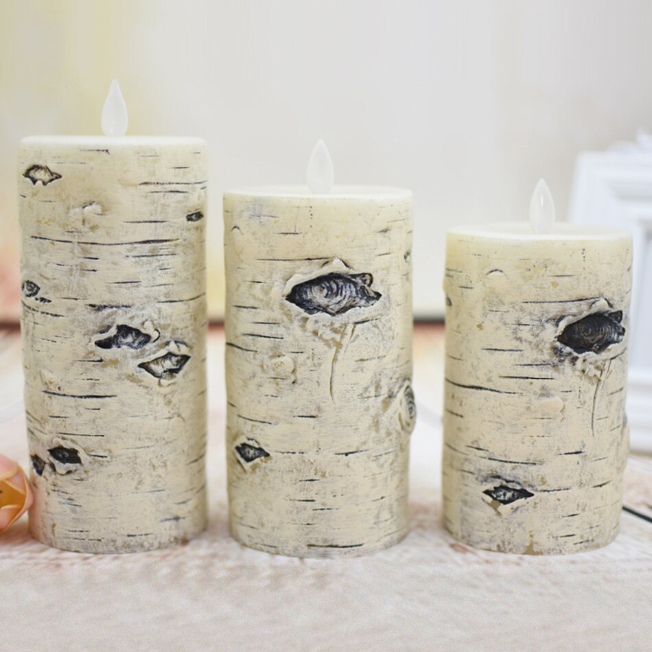 Luces tipo vela de LED tipo pilar con efecto de corteza de abedul, vela led de cera de parafina con batería para decoración de iluminación de Navidad., luz nocturna para el hogar