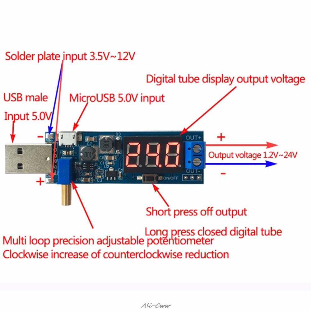 Dc -dc 5v to 1.2v-24v usb step up/down voeding module instelbare converter