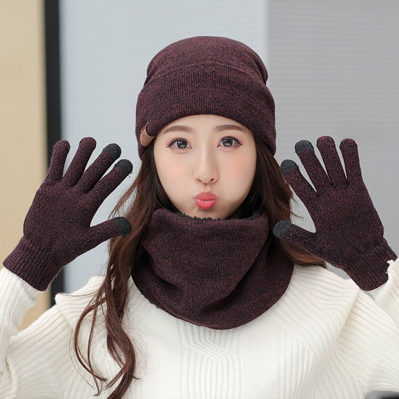3 Pieces/Set Winter Women Hats Scarves Gloves Kit Knitted Plus Velvet Hat Scarf Set For Male Female Beanies Scarf Gloves