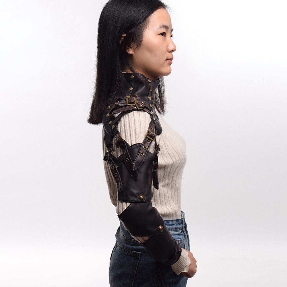 Armure Steampunk unisexe, épaule unique, longue boucle en cuir, chauffe-bras gothique