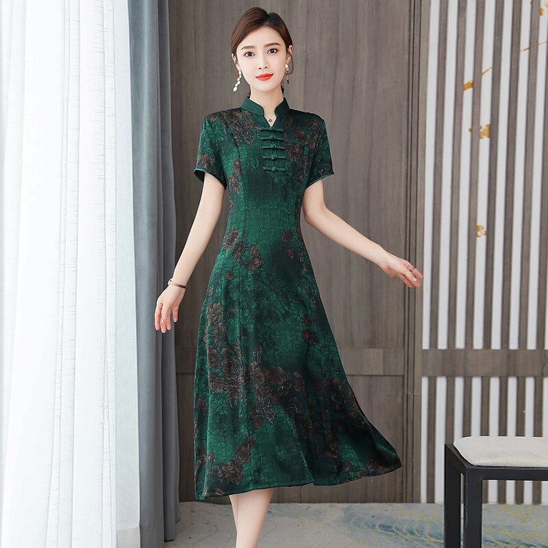 red chinese wedding party bride qipao print flower women evening dress oriental retro show cheongsam: color1 / XL