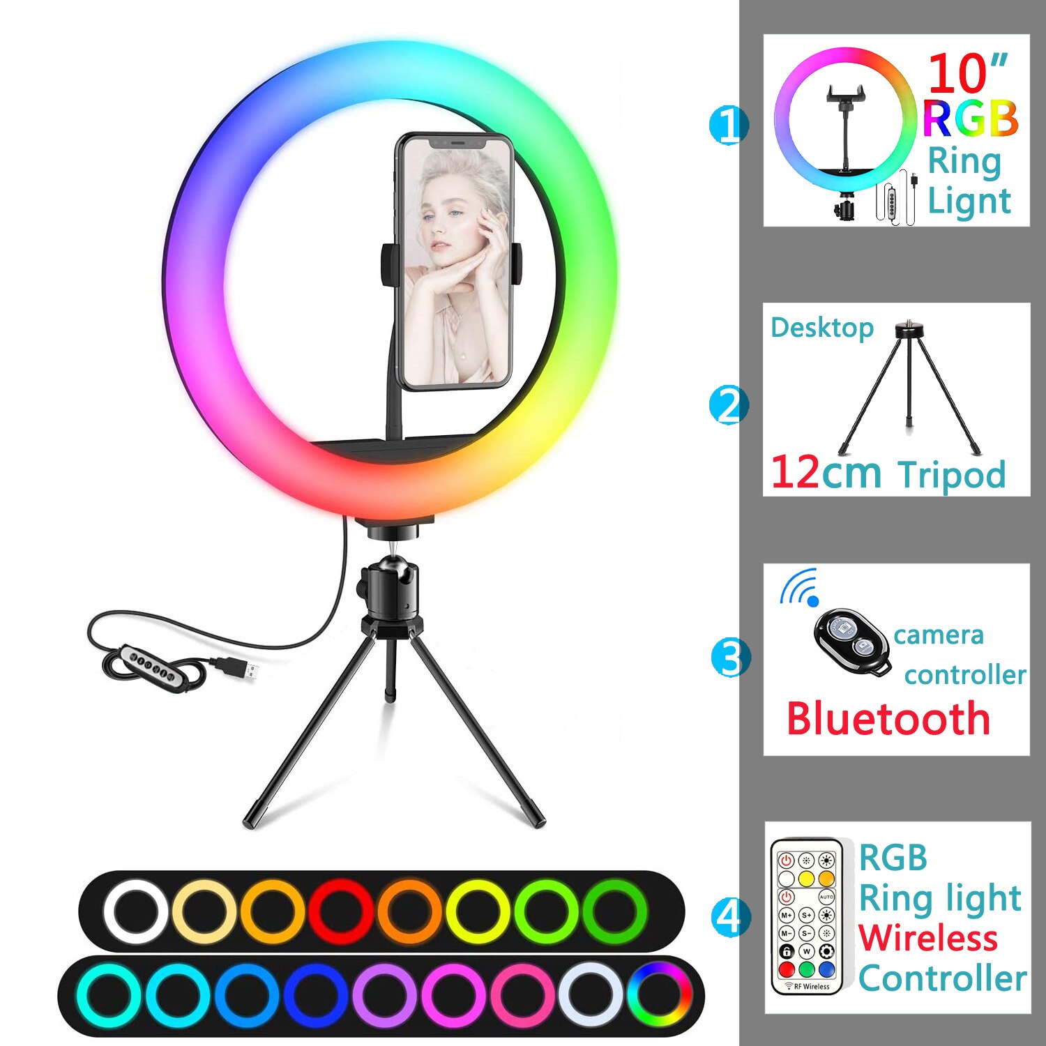 10in Led Kleur Selfie Ring Licht Rgb Fotografie Ringlicht Cirkel Vullen Licht Statief Lamp Telefoon Standhouder Trepied Make-Up: 12cm Mini stand