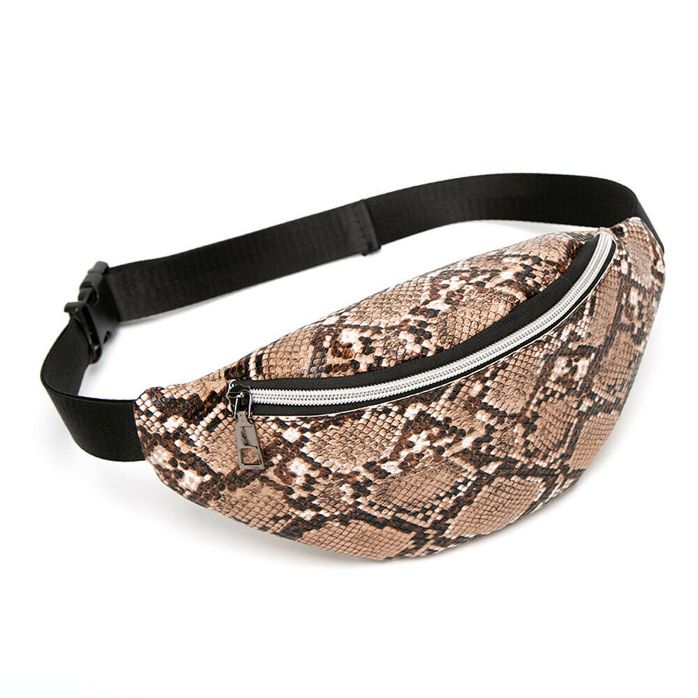 fanny pack snake pattern women's waist bag PU leather portable travel chest bag purse: Brown