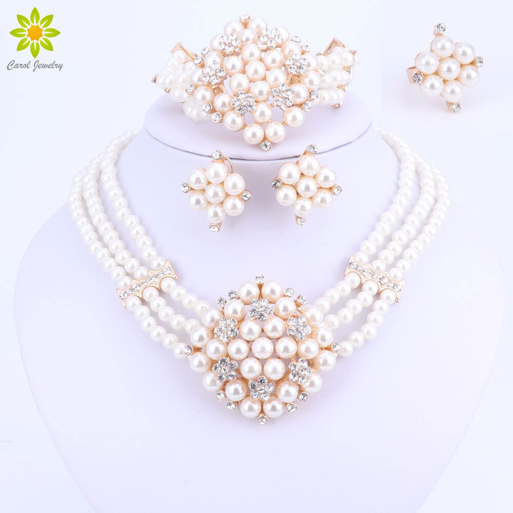 Mode Imitatie Parel Dubai Goud-Kleur Ketting Set Afrikaanse Kralen Costume Acessories Bridal Wedding Sieraden Sets