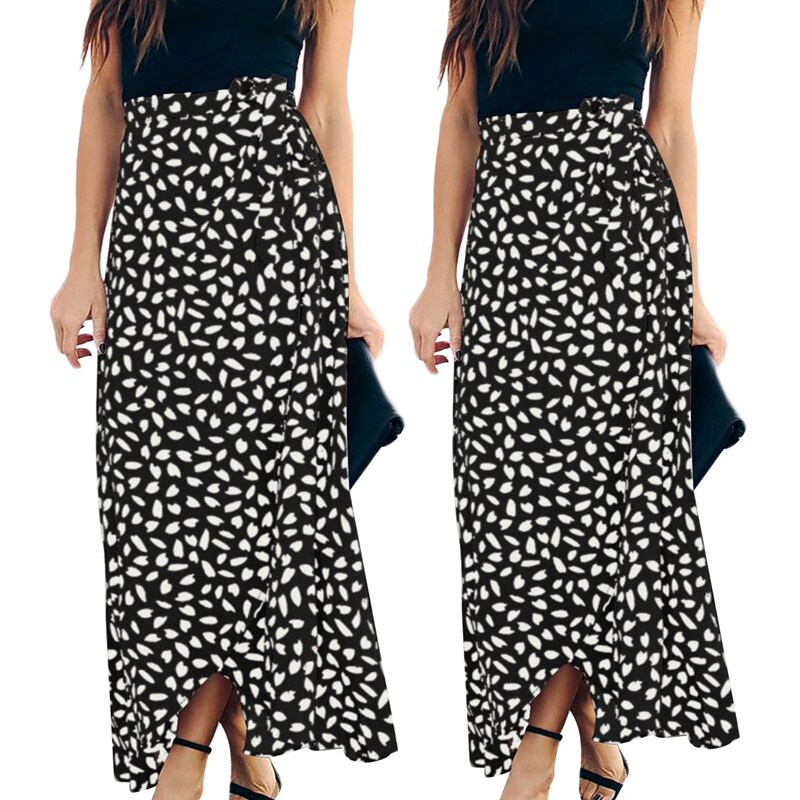 2 Stuks Zomer Rok Vrouwen Stip Print Lange Maxi Mode Split Hoge Taille A-lijn Knielengte Wrap Rok-zwart, M &amp; L: Default Title