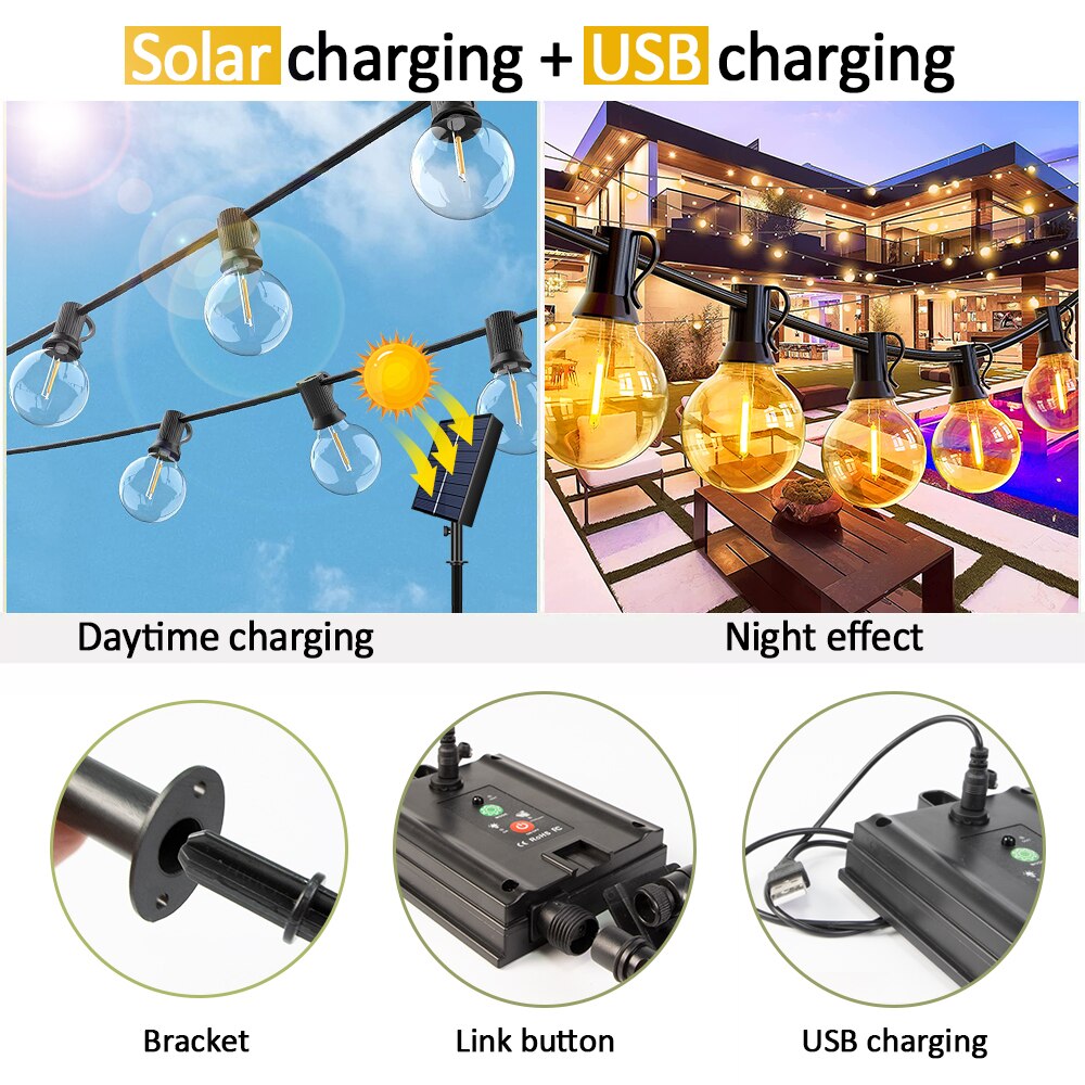 Cadena Solar para exteriores, luces y control remoto para Patio G40, cargador USB, 8 modos de luz, bombillas inastillables, lámpara colgante resistente a la intemperie