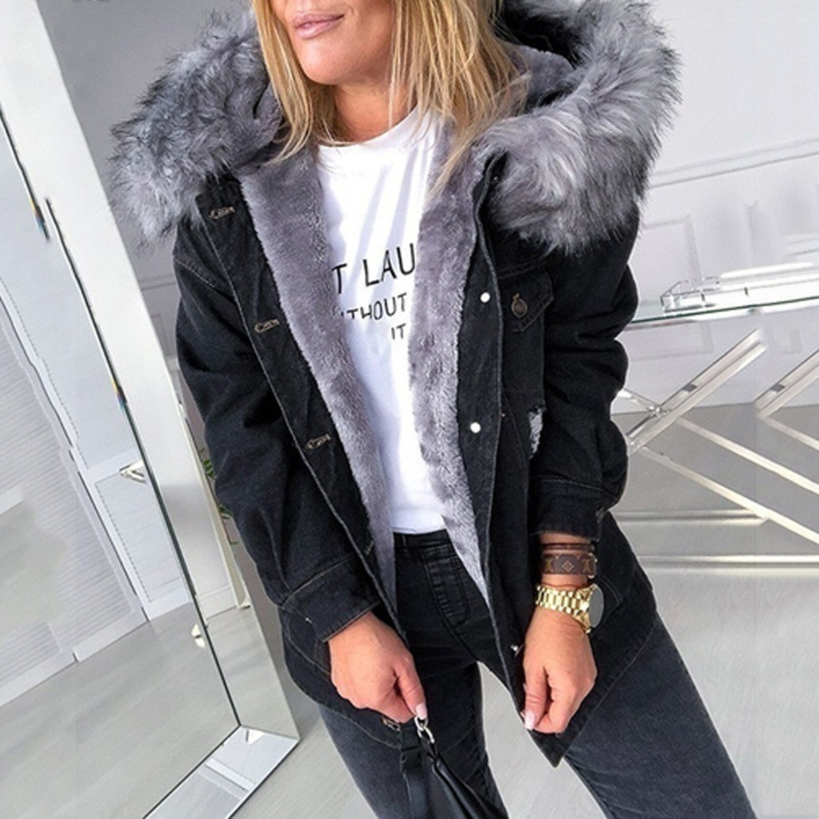 Women's Cowboy Jacket Denim Add A Long - Sleeved Denim Solid Thicken Mujer Coat With A Fur-trimmed Collar #t2g: A / S