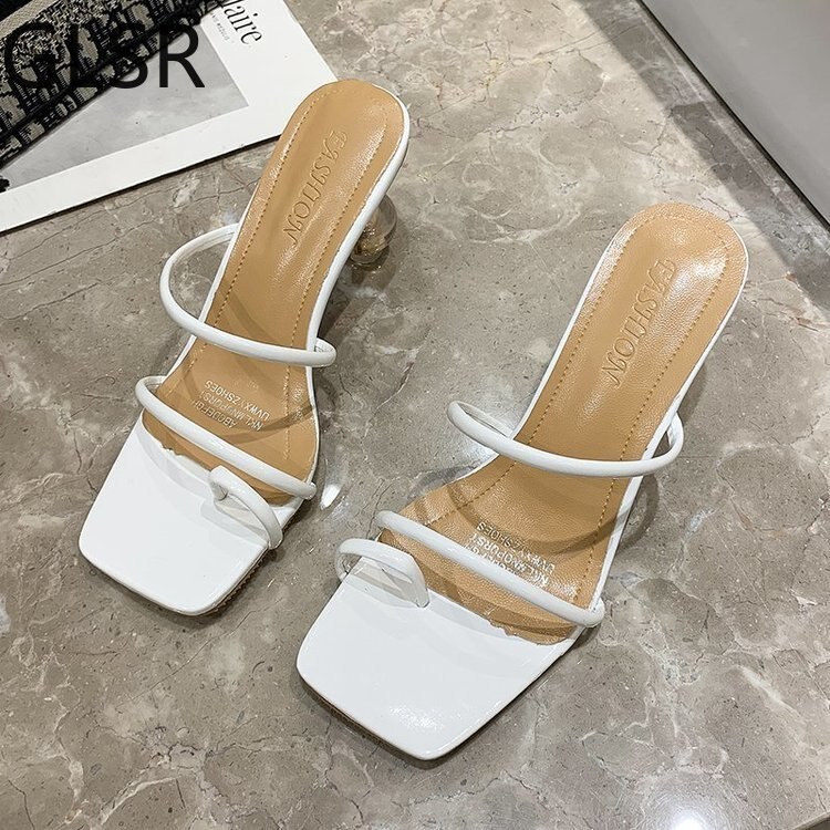 Vormige Hoge Hakken Sandalen Zomer Witte Vierkante Teen Dames Schoenen Transparant Kristal Hak Slippers Vrouwen Luxe Sandalen