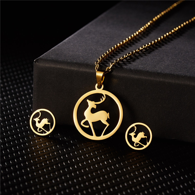 Rinhoo Dier Vlinder Rvs Hanger Ketting Sets Voor Vrouwen Kat Visgraten Ketting Oorbellen Sieraden: Deer