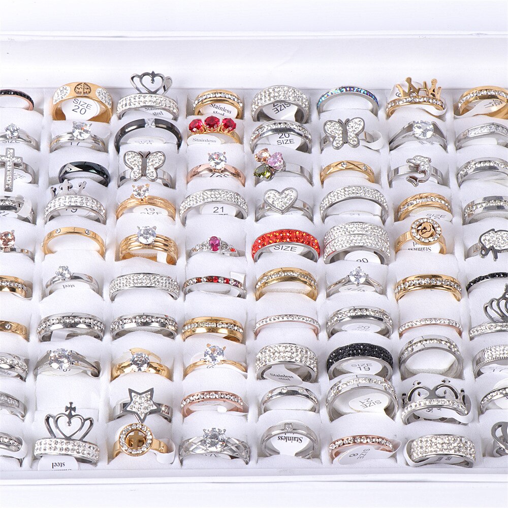 20 Stks/partij Kleurrijke Crystal Rhinestone Rvs Hart Liefde Ringen Voor Vrouwen Mix Stijl Bruiloft Sieraden