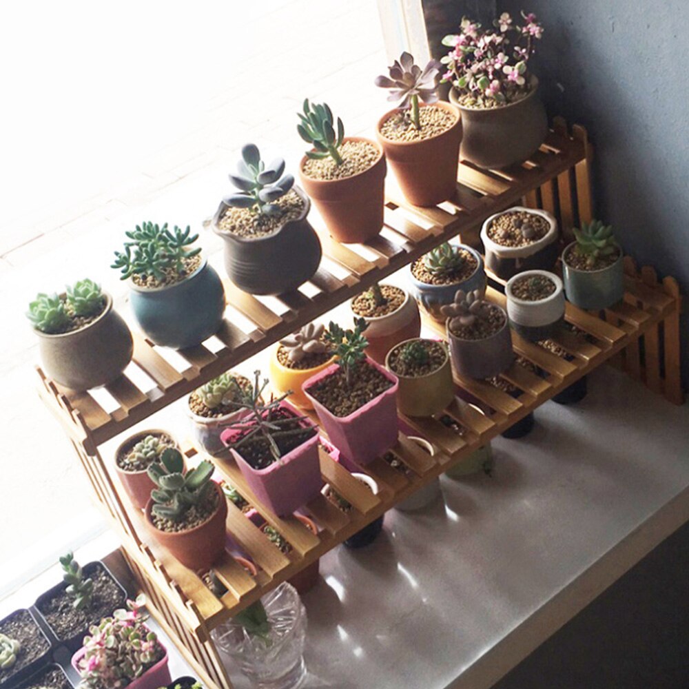Two Layer Office Tabletop Storage Rack Wooden Flower Planter Display Decorative Storage Shelf for Bedromm Gardening Supplies