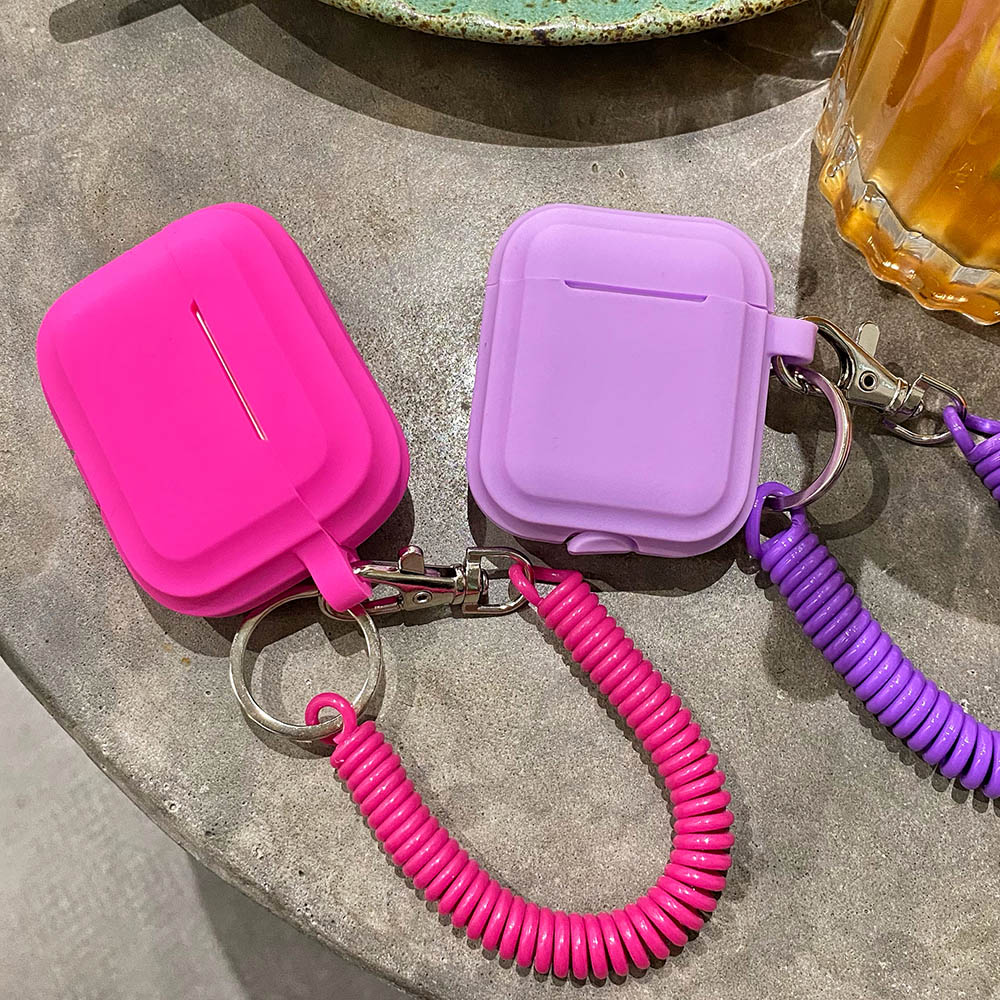 Hülle für Airpods 1/2/3/4, Silikon, einfarbig, schützende Kopfhörer-Abdeckung für Apple Air Pods Pro 2, Feder, flexible Kette, Schlüsselanhänger