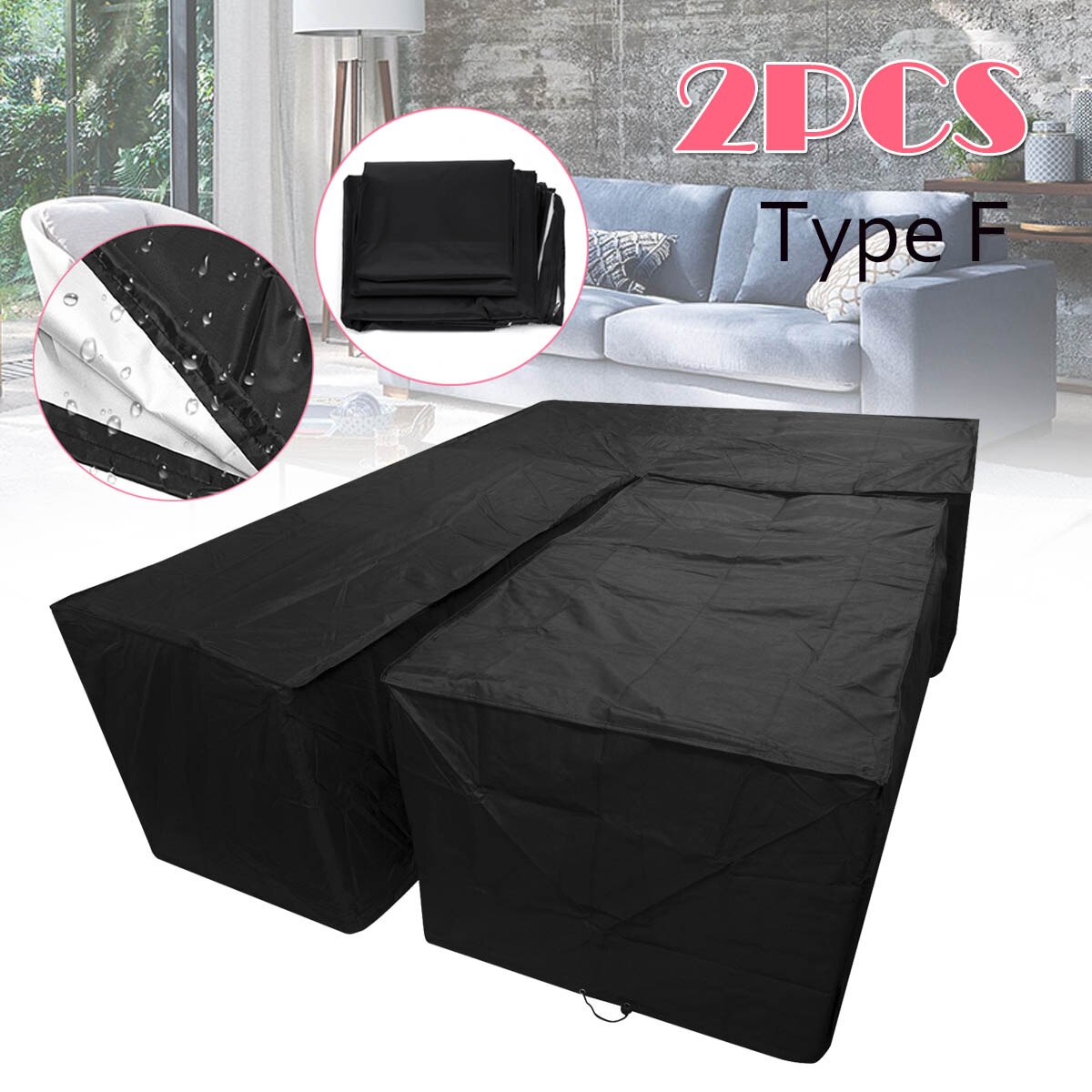 Juegos de tela impermeable para muebles de exterior, cubierta protectora de poliéster a prueba de polvo, para sofá, color negro: E