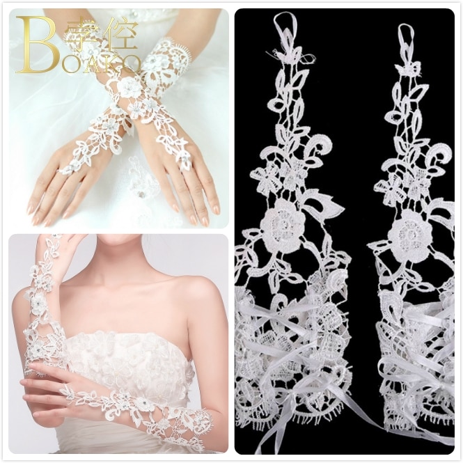 Lange Bruiloft Handschoenen Ivoor Witte Bruids Handschoenen Meisje Party Vingerloze Kant Handschoen Dames Bloem Guantes Bruiloft Accessoires K5