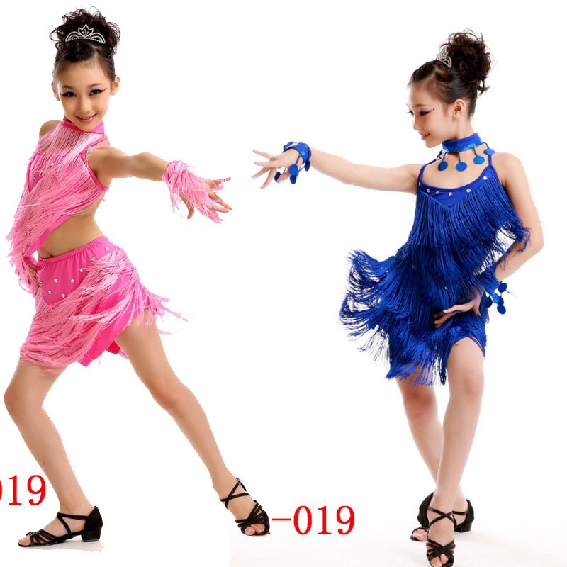 Children Sequined Latin Dance Dress Girl Salsa Stage wear Tassels Dancing Costume Kids Skating Dance Dress Gymnastics Costumes