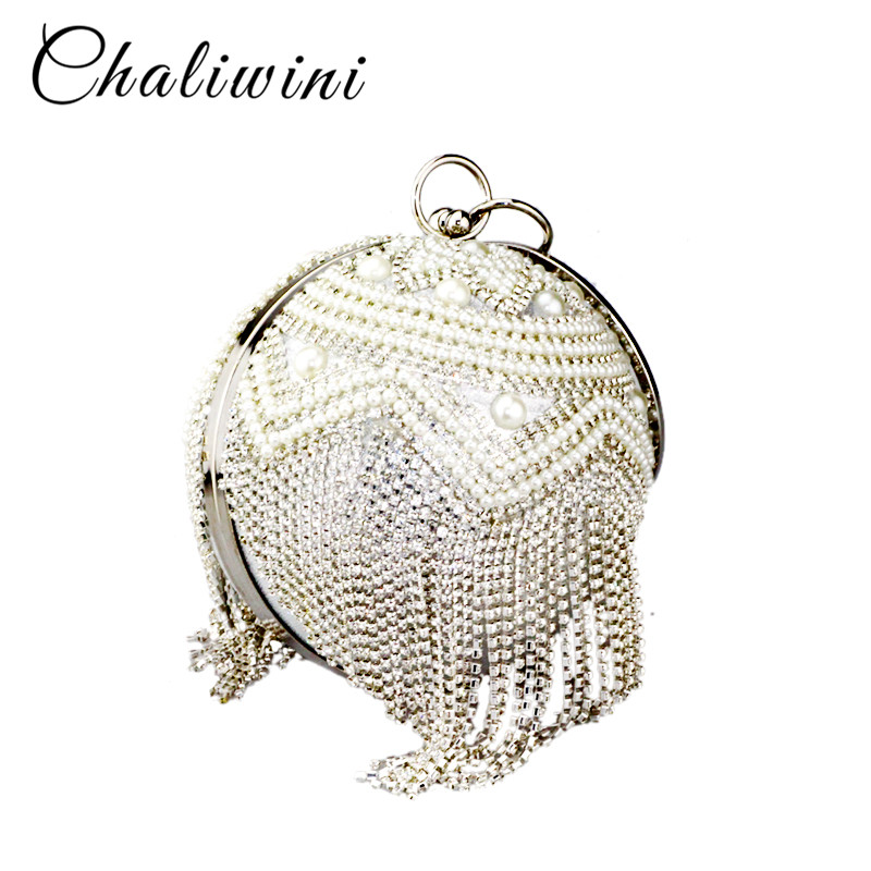 Chaliwini Kwastje Golden Lady Schouder Parel Kralen Ronde Bal Bruiloft Tas Vrouwen Avond Bridal Kristal Knucklebox Clutch Handtas