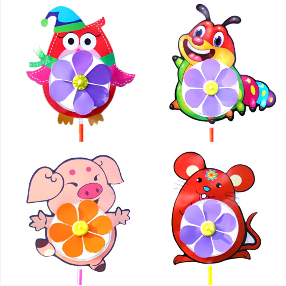 Mignon dessin animé animaux enfants jouets de plein air coloré en plastique vent Spinner moulin à vent taille: tige longueur: 31 ~ 33cm