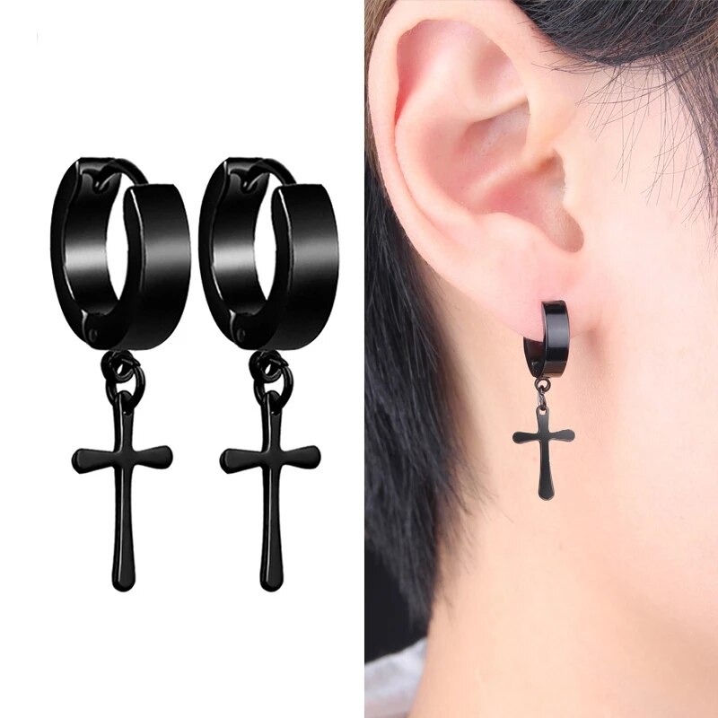 Men Earrings Geometric Titanium Stainless Steel Punk Couple Love Stud Earrings Goth Ear Cuffs Clip-on Earrings for Women Jewelry