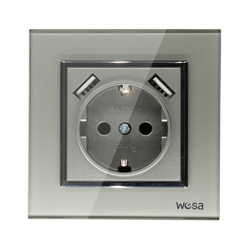 Enchufe de pared decorativo USB doble, , 5V, 2A, marco de vidrio templado dorado, FB-19,: Grey