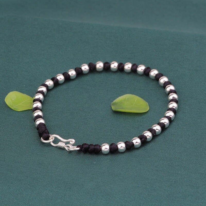 Cuerda de pulsera negra de cuentas de color plata de ley 925 hecha a mano, cuerda trenzada de la amistad, pulsera de la suerte para mujeres, hombres y parejas