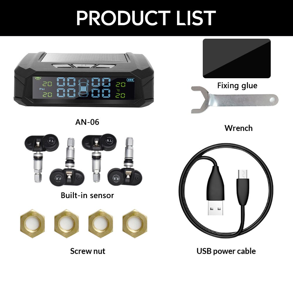 TPMS Car Tire Pressure Monitoring System Internal External Sensor Solar TMPS Control Wheels Wireless Tyre Pressure Sensor Alarm: Default Title