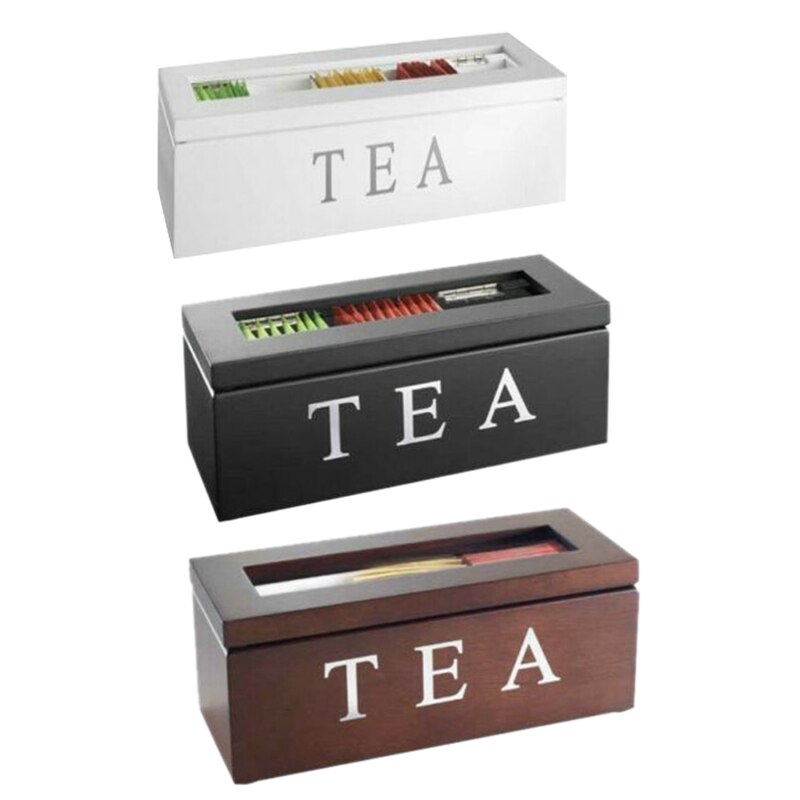 Wooden Storage Box 3 Grid Wooden Tea Box Kitchen Storage Box With Lid Coffee Tea Bag Storage Rack Bamboo Chest Case