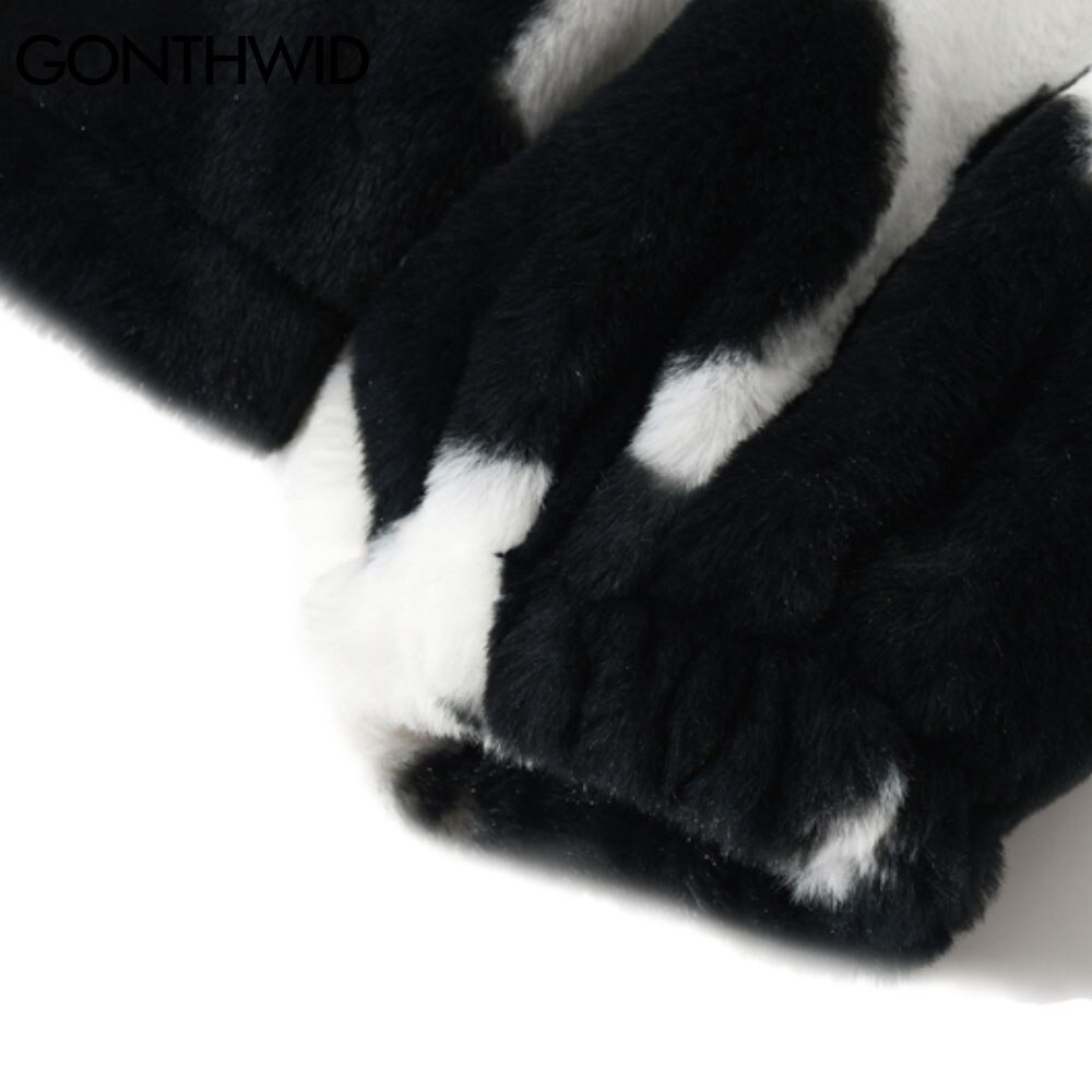 GONTHWID Fleece Hooded Jackets Streetwear Hip Hop Cow Spots Print Full Zip Jacket Coats Men Harajuku Casual Tops Outwear