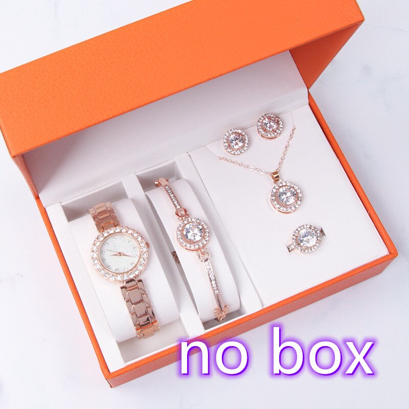 2022 5Pcs Set Watch Women Quartz Watch Bracelet Necklace Earring Ring Watch Sets Female Jewelry Lady&#39;s: Rose gold Set