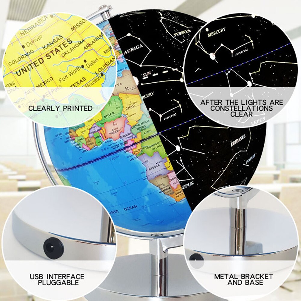 Material para enseñanza, alimentación USB, decoración de escritorio, luz LED para oficina, con soporte, mapa del mundo, tierra, globo, hogar, Geografia, escuela