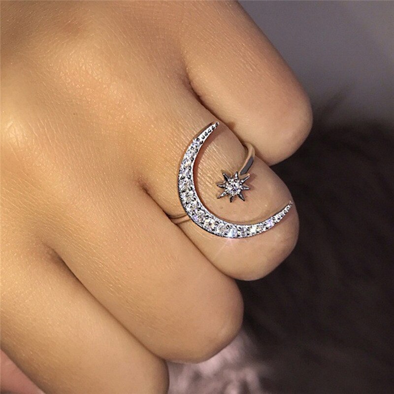 Skinnende ring halvmåne & lille stjerne blændende justerbar åben fingerring ringe i enkel stil til kvinder