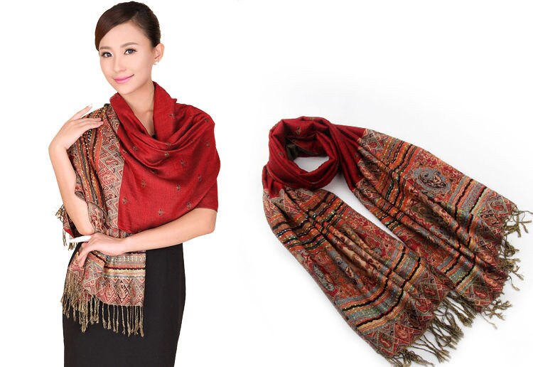Vinröd färg kinesiska kvinnors pashmina hijab chal höst vinter bi halsdukar sjal tofs bufanda 011506: Röd