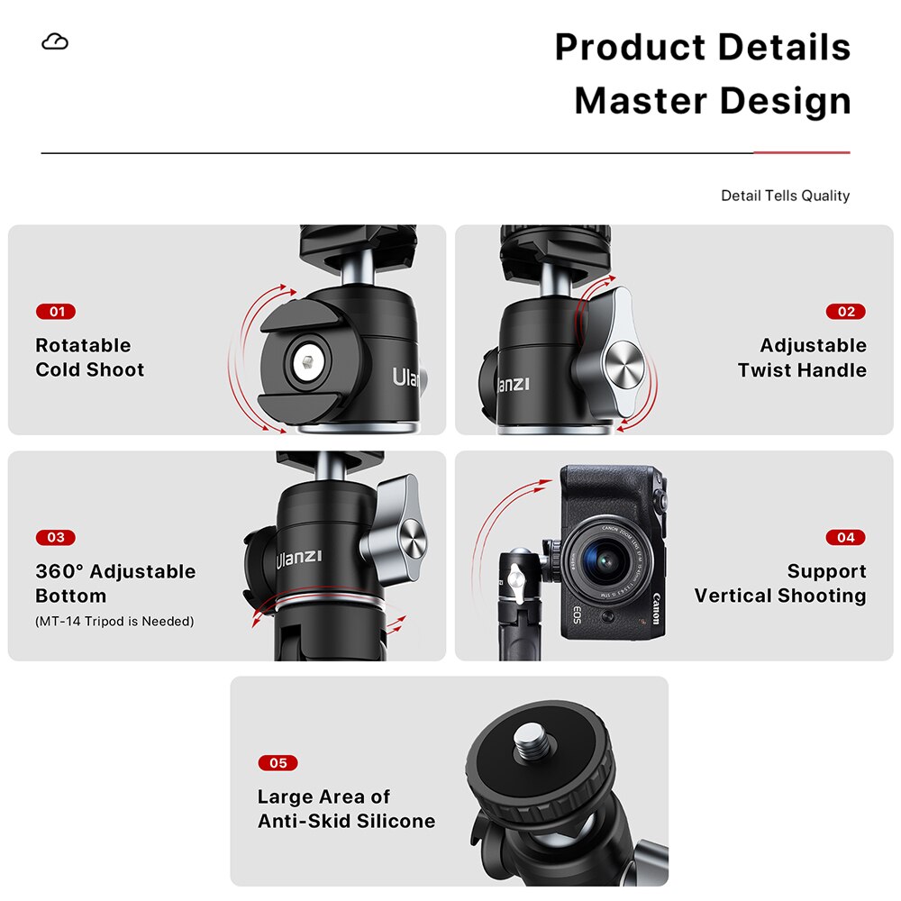 Ulanzi U-60 w całości z metalu mini Ballhead z podwójnym zimnym przedłużeniem mikrofonu montaż z panoramiczną głowicą kulową Max ładowanie 10KG