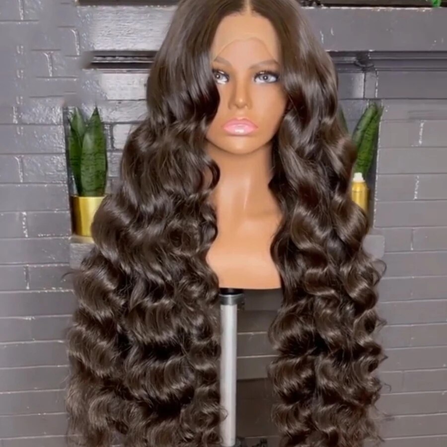 Perruque Lace Front wig sans colle noire naturelle, cheveux synthétiques ondulés de 26 pouces, Fiber haute température, partie T quotidienne