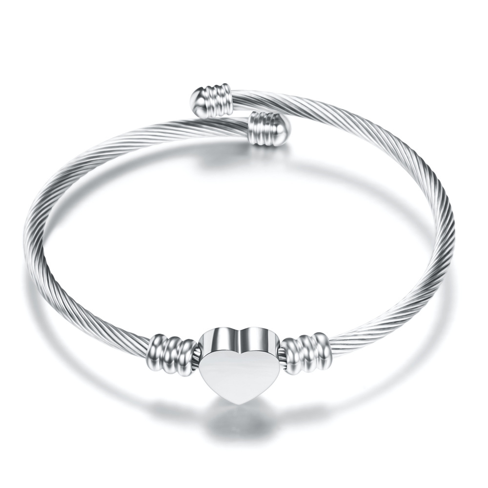 Stainless Steel Bangle For Women Heart Seal Accessories Adjustable Size: SILVER PLATED