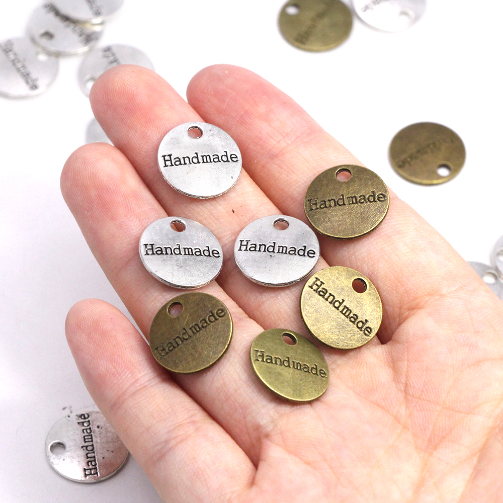 Sliver Brons Ronde Metalen Tags Handgemaakte Labels 14*14Mm Legering Naaien Labels Voor Ketting Armband Mode-sieraden Bevindingen 10Pcs