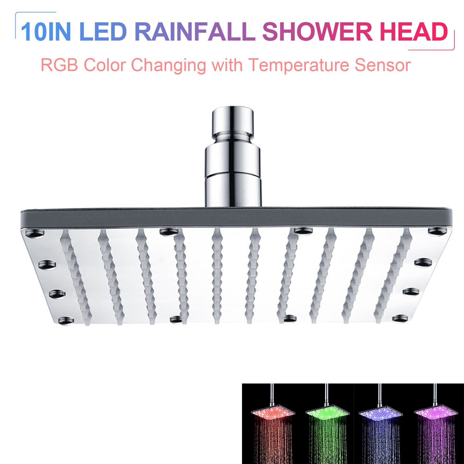 10 inch LED Rainfall Shower Head Square Shower Head Automatically Colorful Flashing Lights Showerhead for Bathroom: A