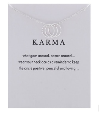 Karma Gold-color Three Circle Necklace: white card silver